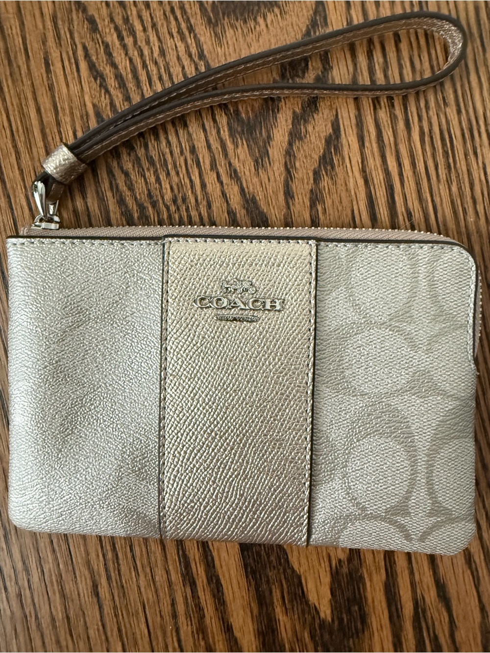 Coach metallic signature corner zip wristlet purse monogram